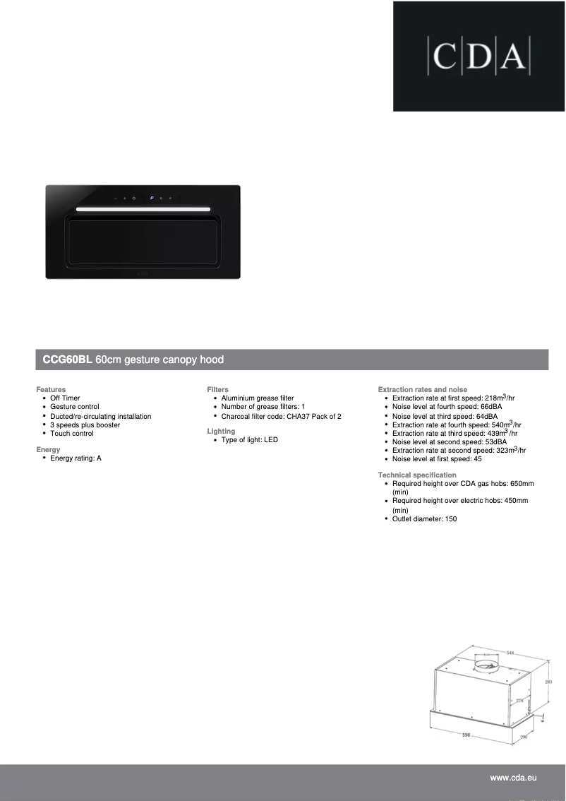 Page 1 of the manual Technical Sheet CDA CCG60BL