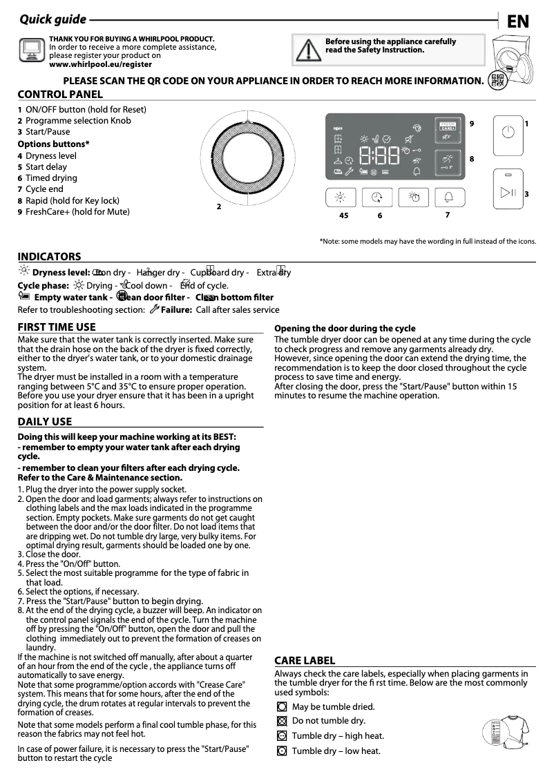 Page 1 de la notice Guide d'installation Whirlpool FFT M11 8X1WS