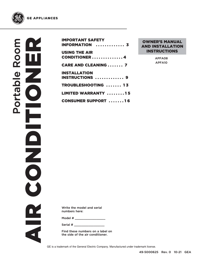 Página 1 del manual Manual de uso y mantenimiento GE APFA10YBMW