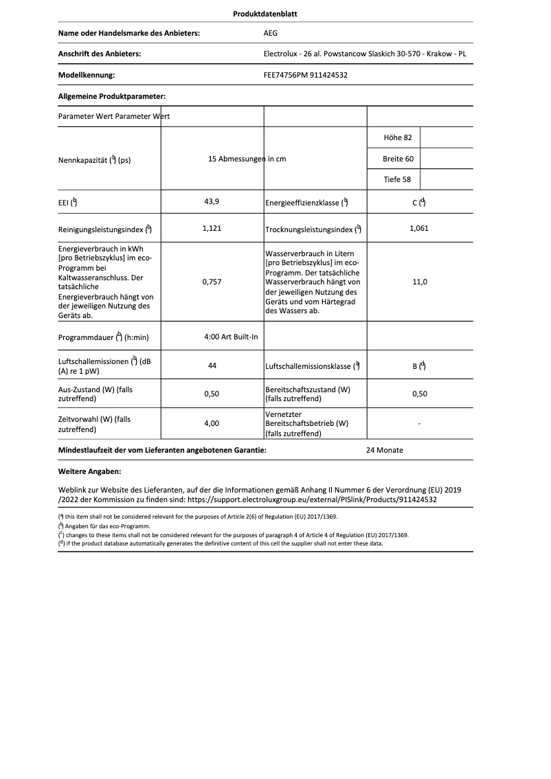 Page 1 de la notice Fiche technique AEG FEE74756PM