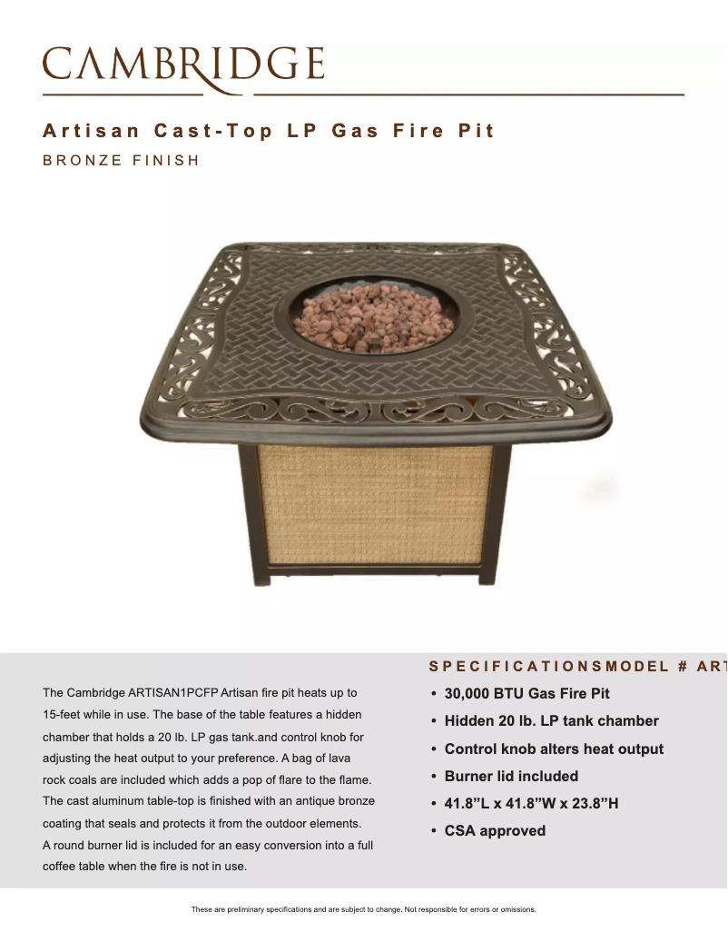 Page 1 of the manual Technical Sheet Cambridge ARTISAN1PCFP