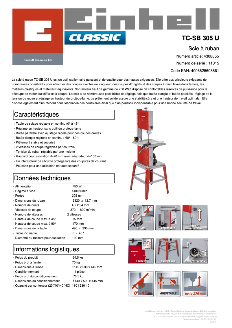 Página 1 del manual Ficha técnica Einhell TC-SB 305 U