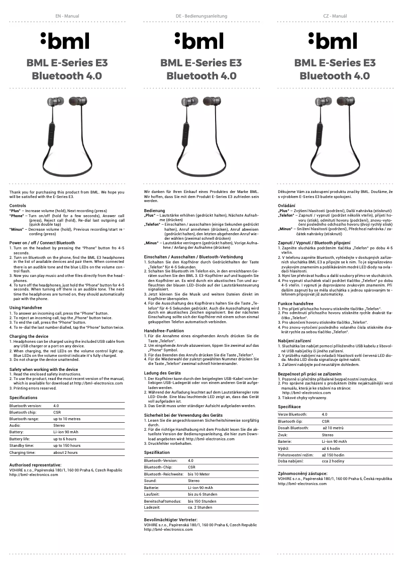 Page 1 de la notice Manuel utilisateur BML E3