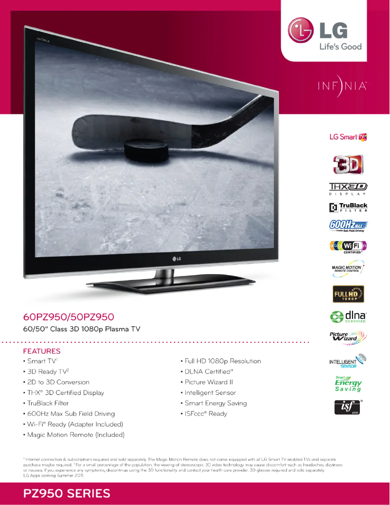 Page 1 de la notice Fiche technique LG 60PZ950