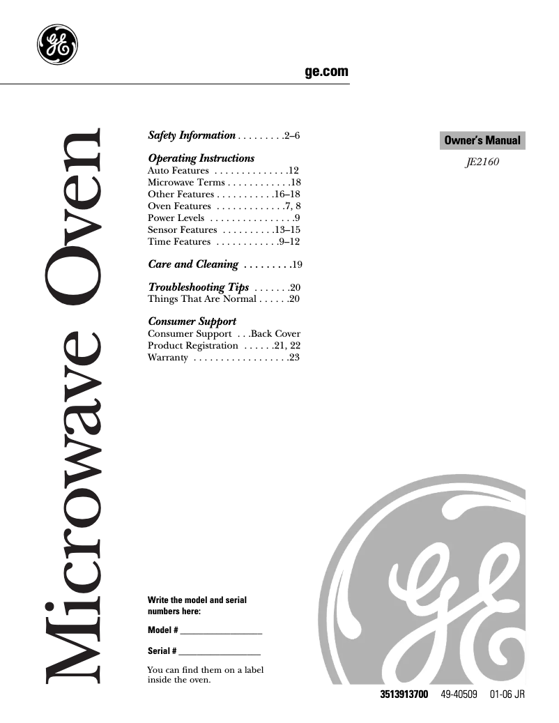 Page 1 de la notice Manuel d'utilisation et d'entretien GE Profile JE2160BF