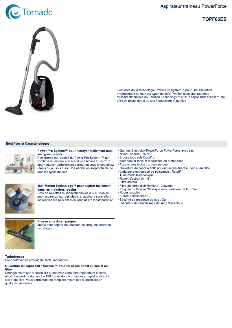 Página 1 del manual Ficha técnica Electrolux TOPF65EB