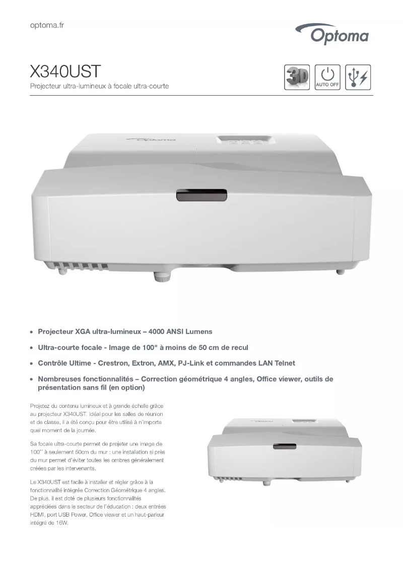 Page 1 de la notice Fiche technique Optoma X340UST