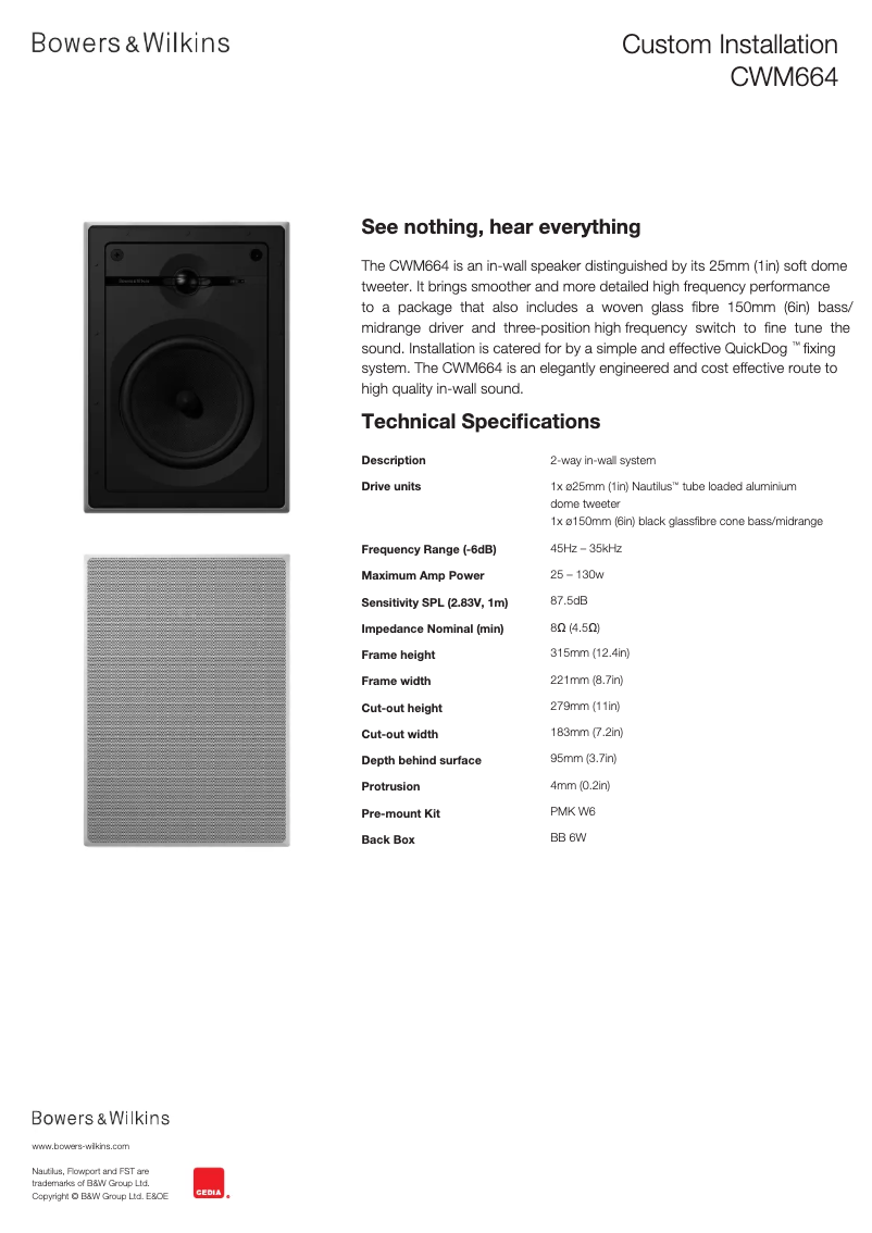 Page 1 de la notice Fiche technique Bowers & Wilkins CWM663