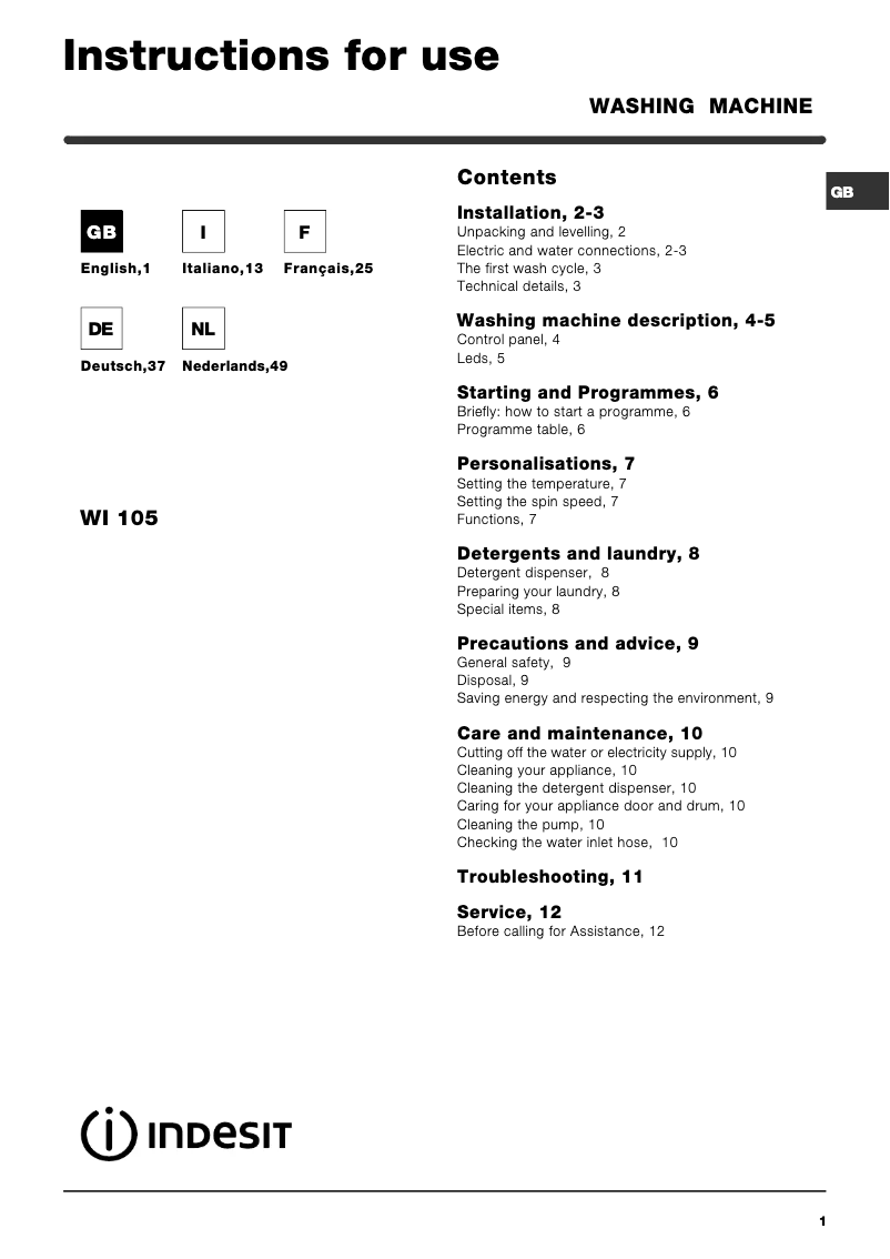 Page 1 de la notice Manuel utilisateur Indesit WI 105 (EX)