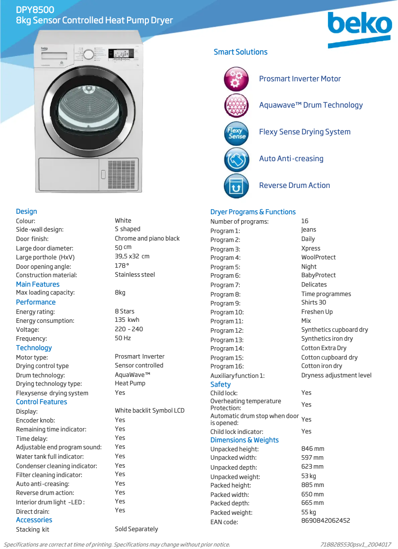 Page 1 de la notice Fiche technique Beko DPY8500