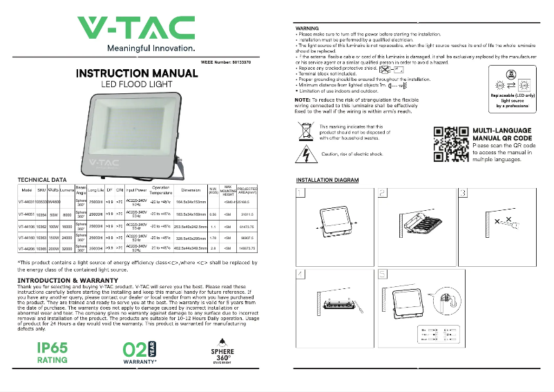 Page 1 de la notice Manuel utilisateur V-TAC VT-44160