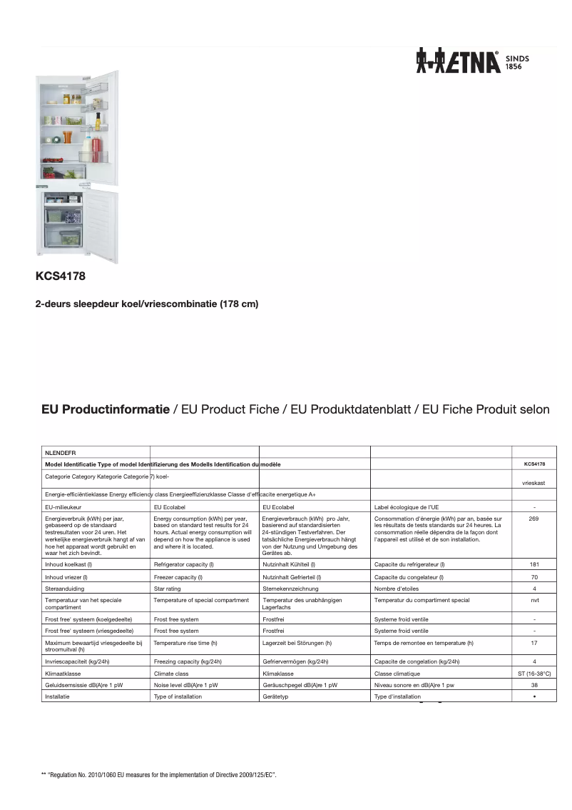 Page 1 de la notice Fiche technique Etna KCS4178