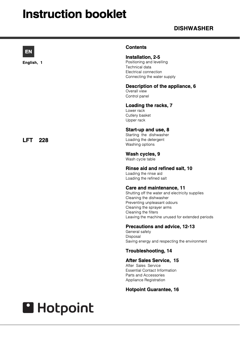 Page 1 de la notice Manuel utilisateur Hotpoint LFT 228 A