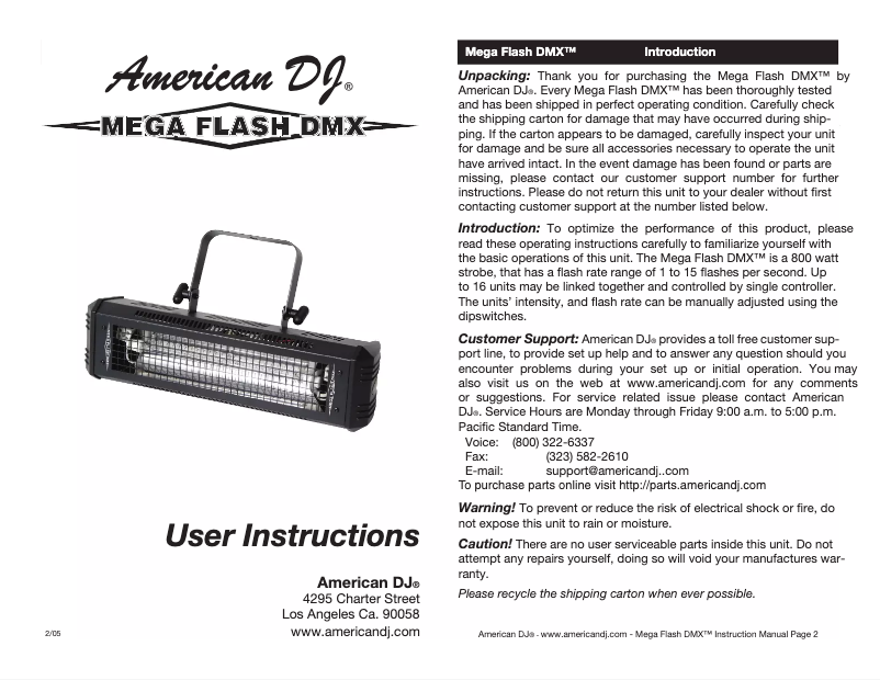 Page 1 de la notice Manuel utilisateur American DJ Mega Flash DMX