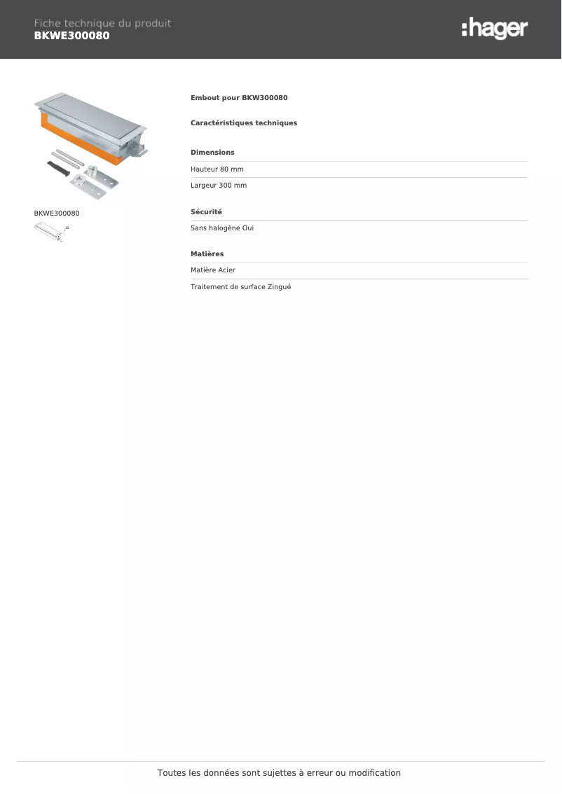 Page 1 de la notice Fiche technique Hager BKWE300080