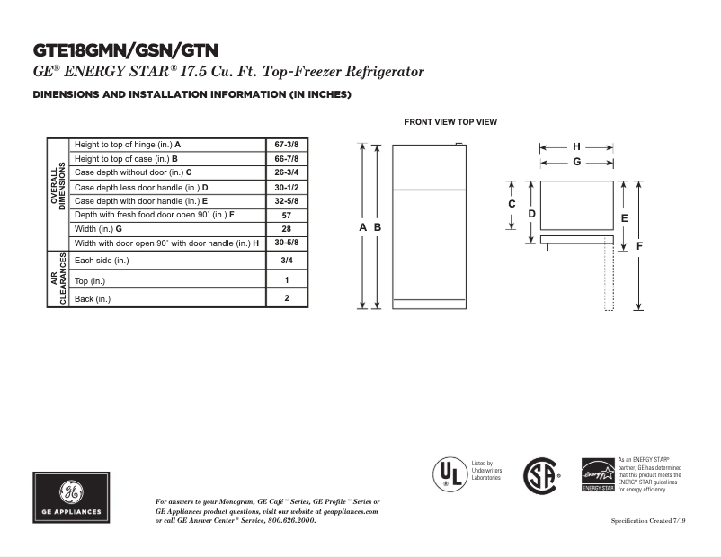 Página 1 del manual Ficha técnica GE GTE18GTNRWW