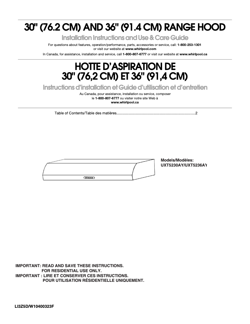 Page 1 de la notice Manuel d'utilisation et d'entretien KitchenAid UXT5230AYB