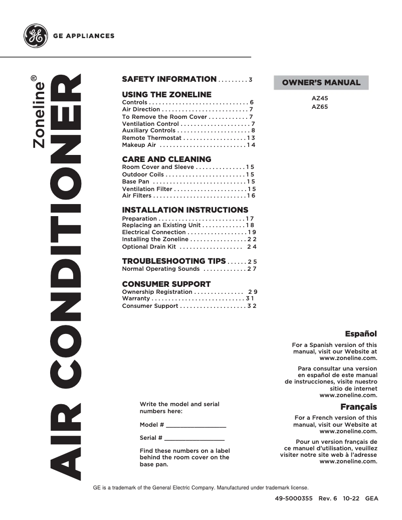 Page 1 de la notice Manuel d'utilisation et d'entretien GE AZ65H09DQC