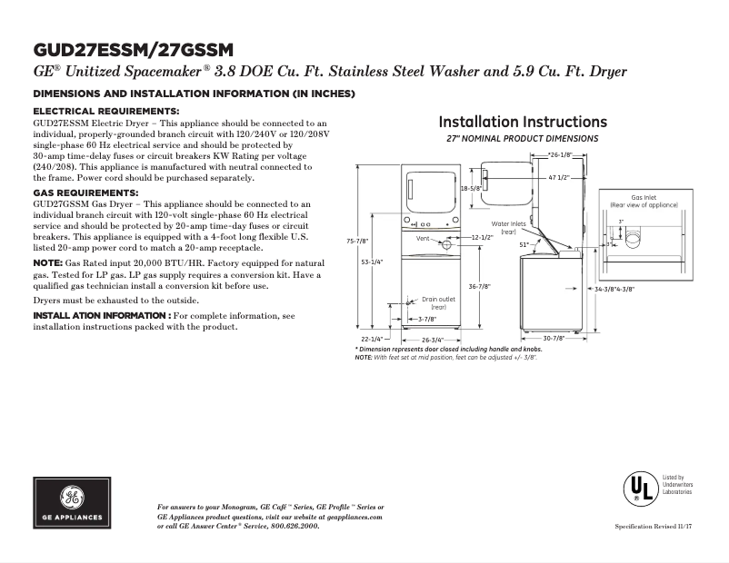 Page 1 of the manual Technical Sheet GE GUD27GSSMWW