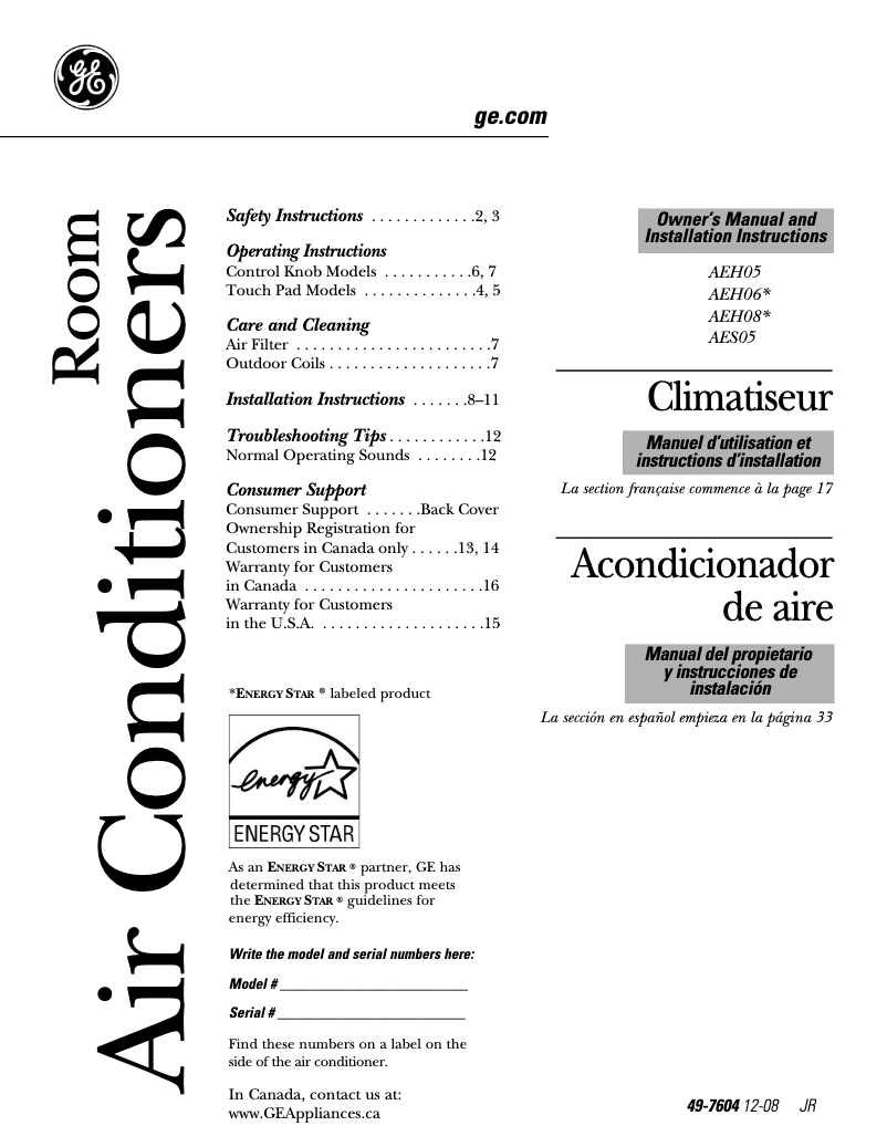Página 1 del manual Guía de instalación GE AEH06LM