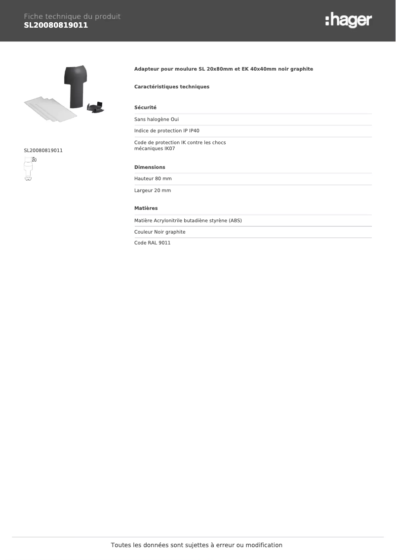 Página 1 del manual Ficha técnica Hager SL20080819011