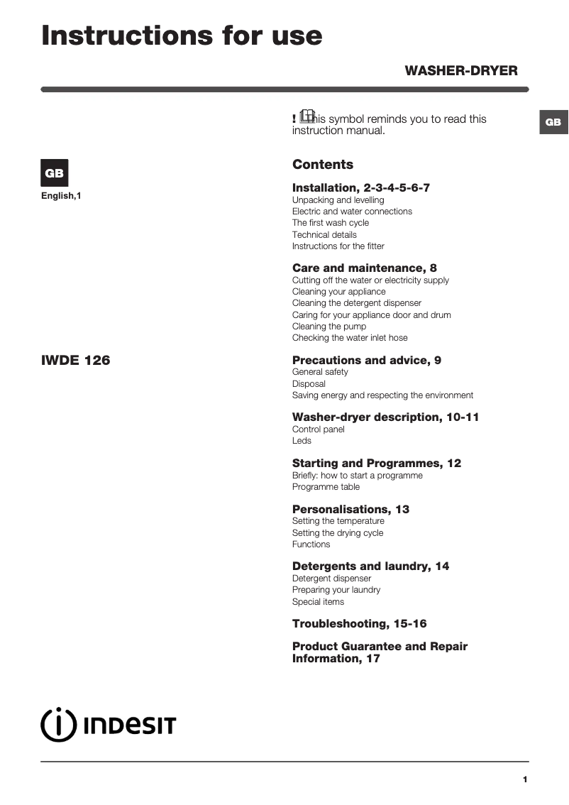 Page n°1 - Instructions / montage Indesit IWDE 126 (UK)