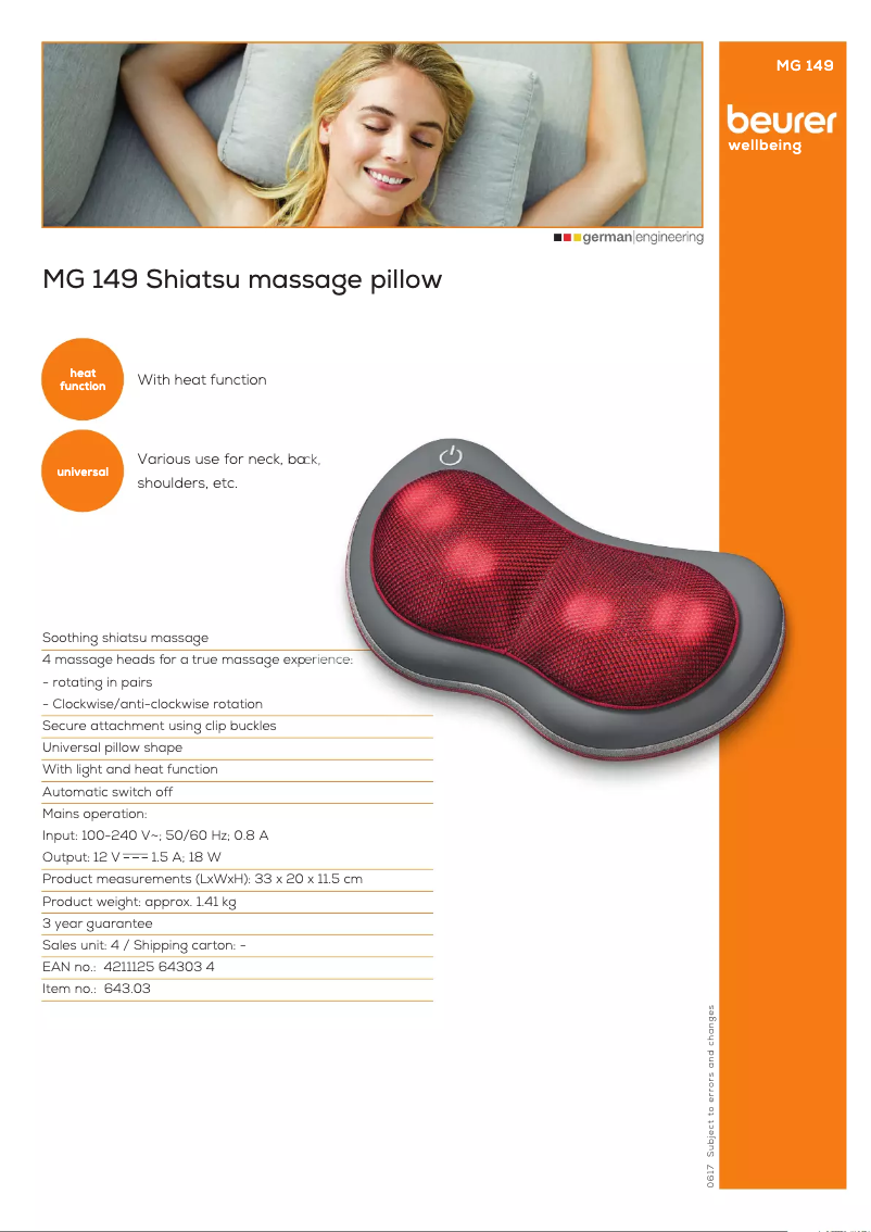 Page 1 de la notice Fiche technique Beurer MG 149