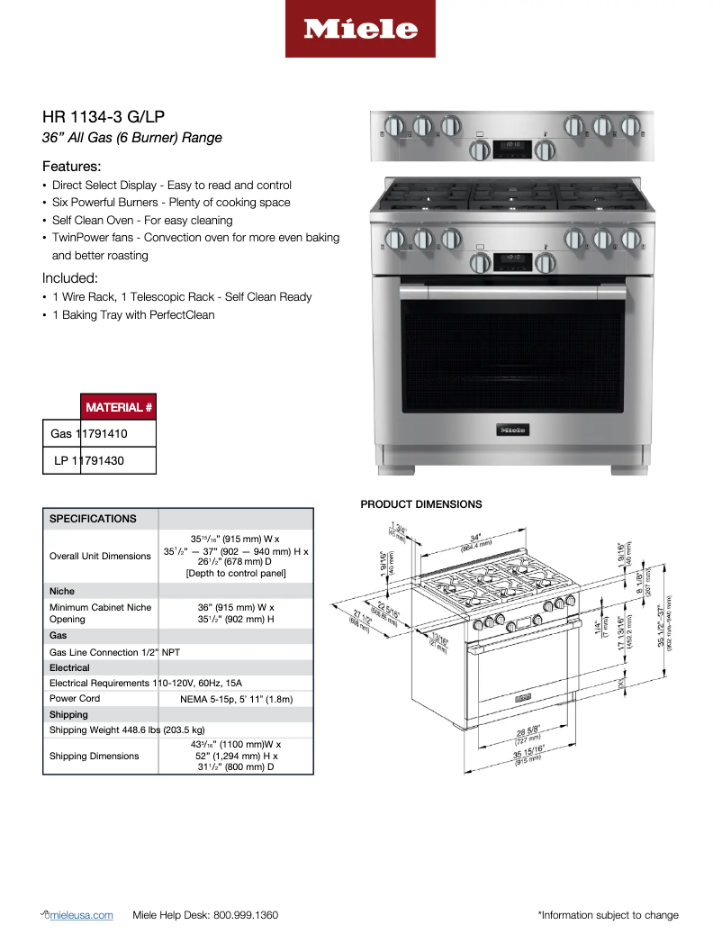 Página 1 del manual Ficha técnica Miele HR 1134-3 G