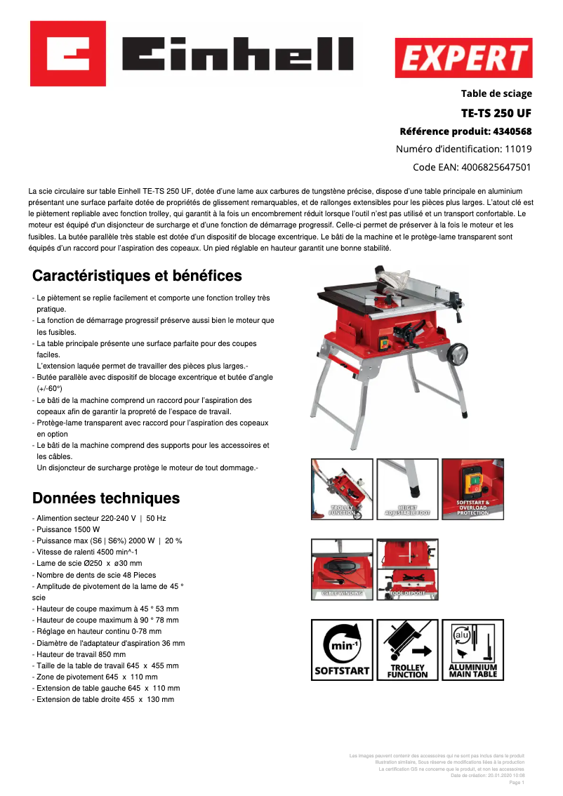 Página 1 del manual Ficha técnica Einhell TE-TS 250 UF
