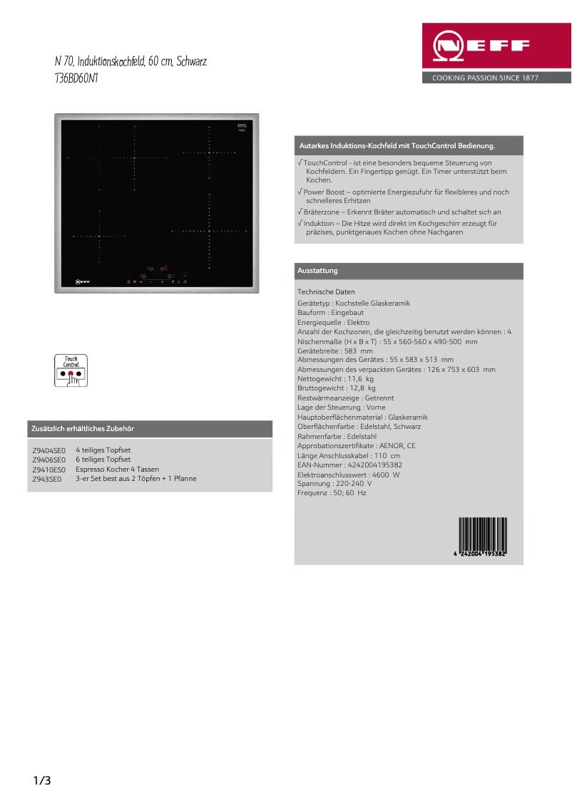 Page 1 de la notice Fiche technique Neff T36BD60N1