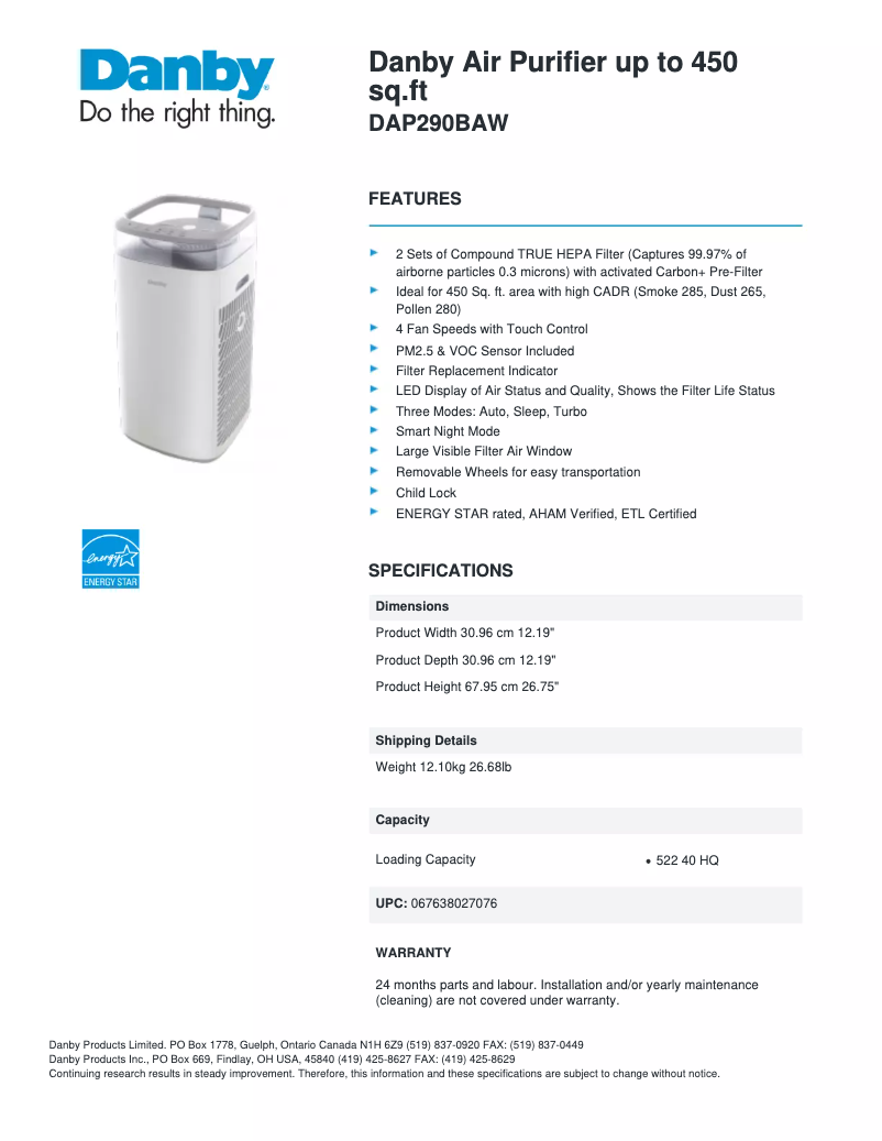 Page 1 de la notice Fiche technique Danby DAP290BAW