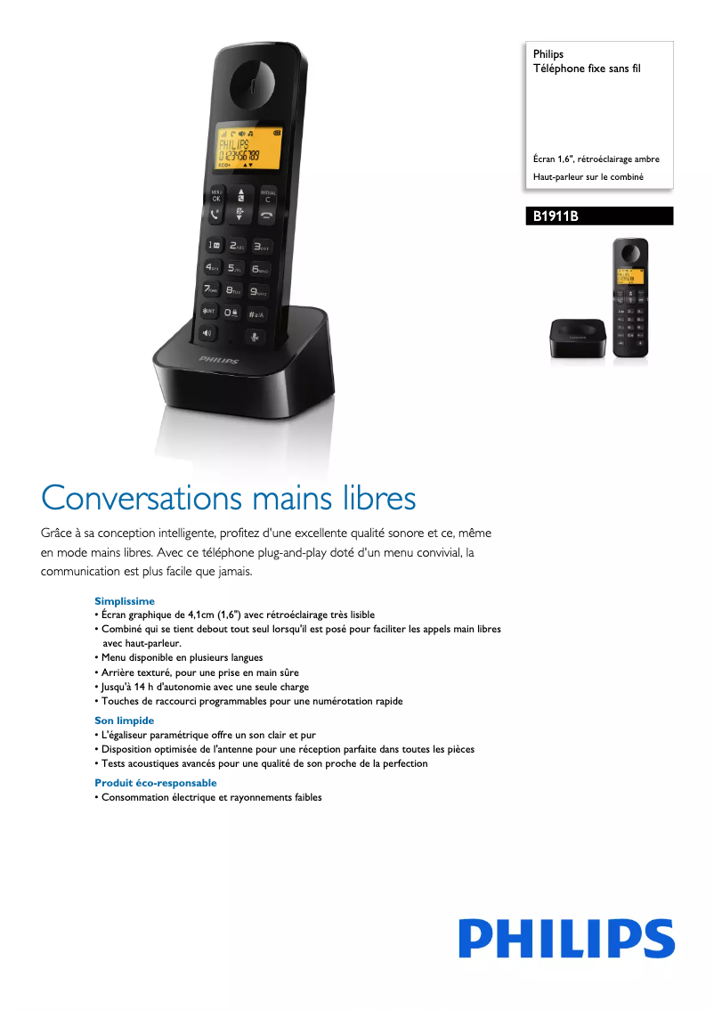Page 1 of the manual Technical Sheet Philips B1911B