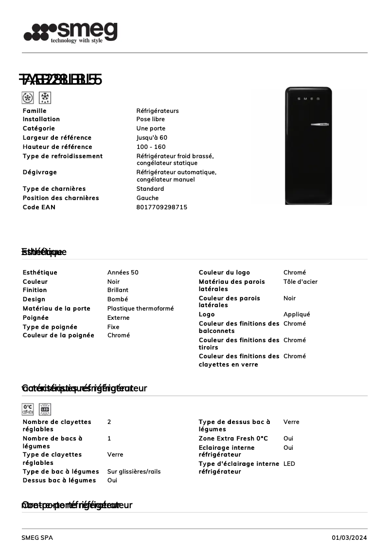 Page 1 de la notice Fiche technique Smeg FAB28LBL5