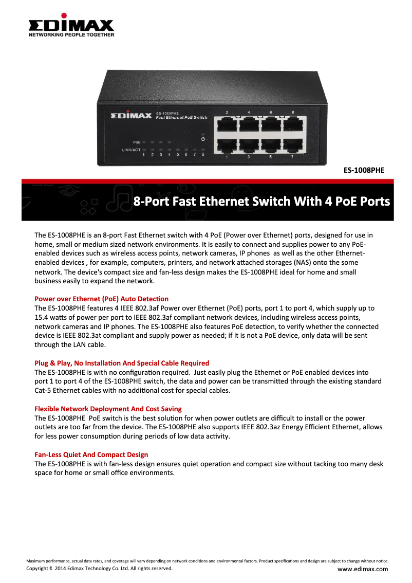 Page 1 de la notice Fiche technique Edimax ES-1008PHE