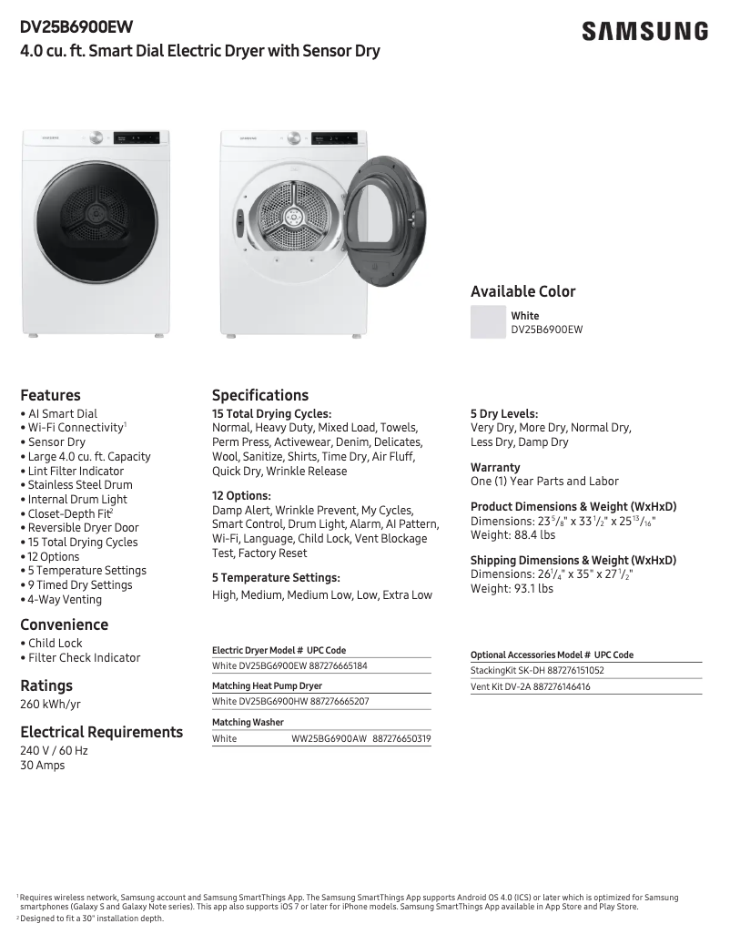 Página 1 del manual Ficha técnica Samsung DV25B6900EW