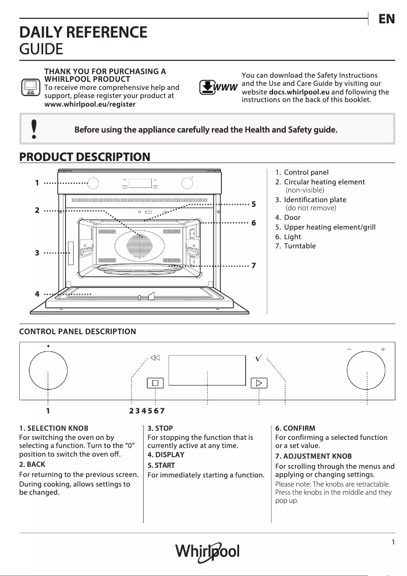 Page 1 de la notice Mode d'emploi Whirlpool W7 MW561