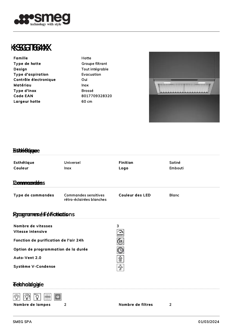 Page 1 de la notice Fiche technique Smeg KSGT64X