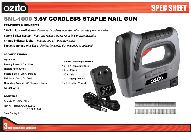 Page 1 de la notice Fiche technique Ozito SNL-1000