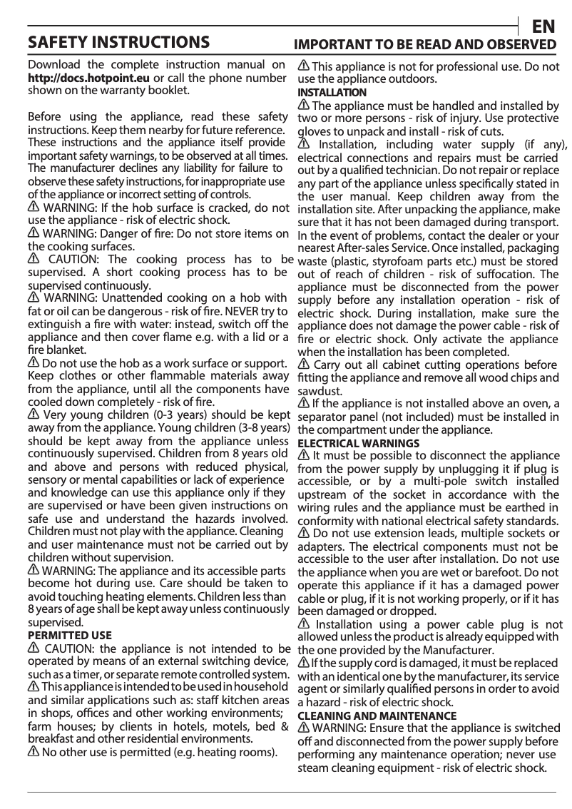 Page 1 of the manual Instructions / Assembly Hotpoint HR 619 C H