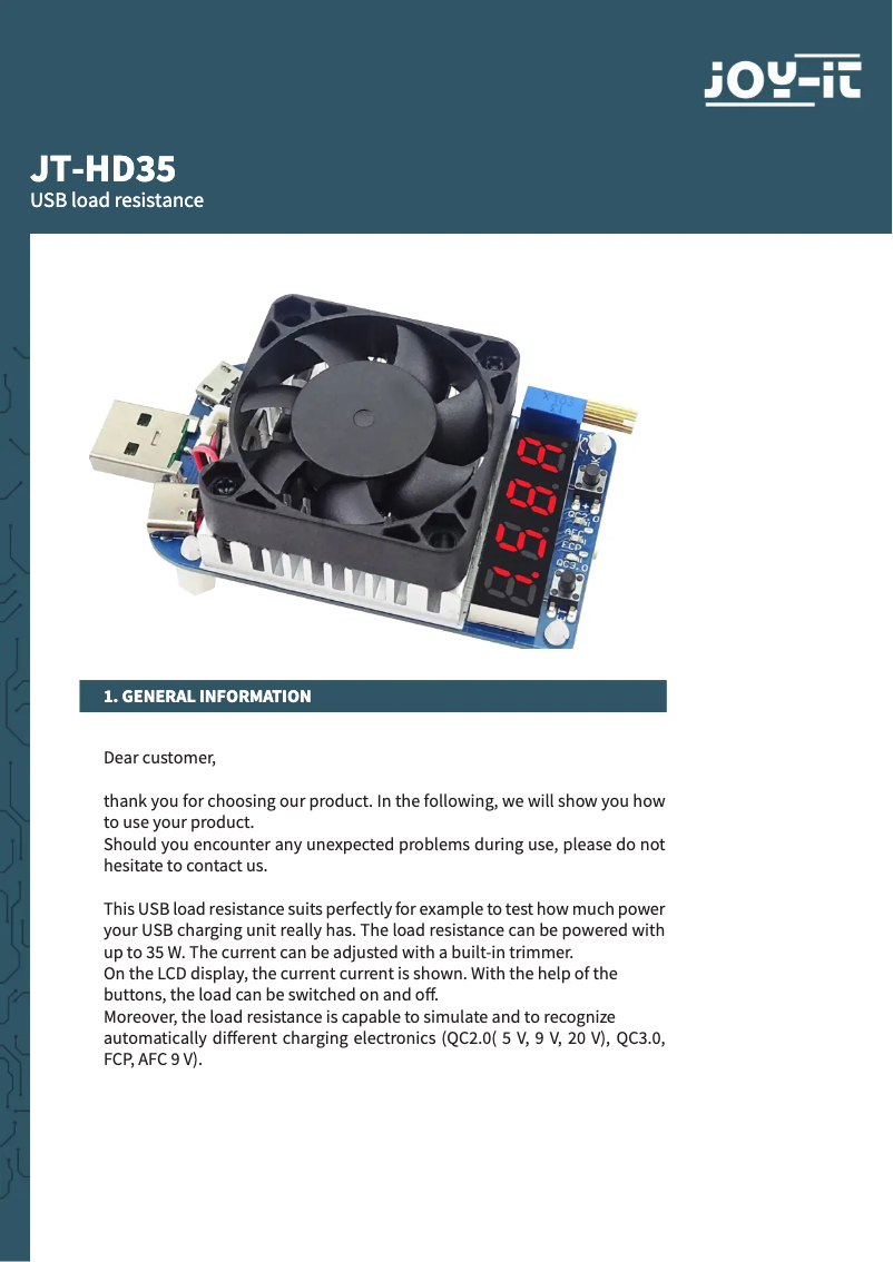 Page 1 de la notice Manuel utilisateur Joy-It JT-HD35