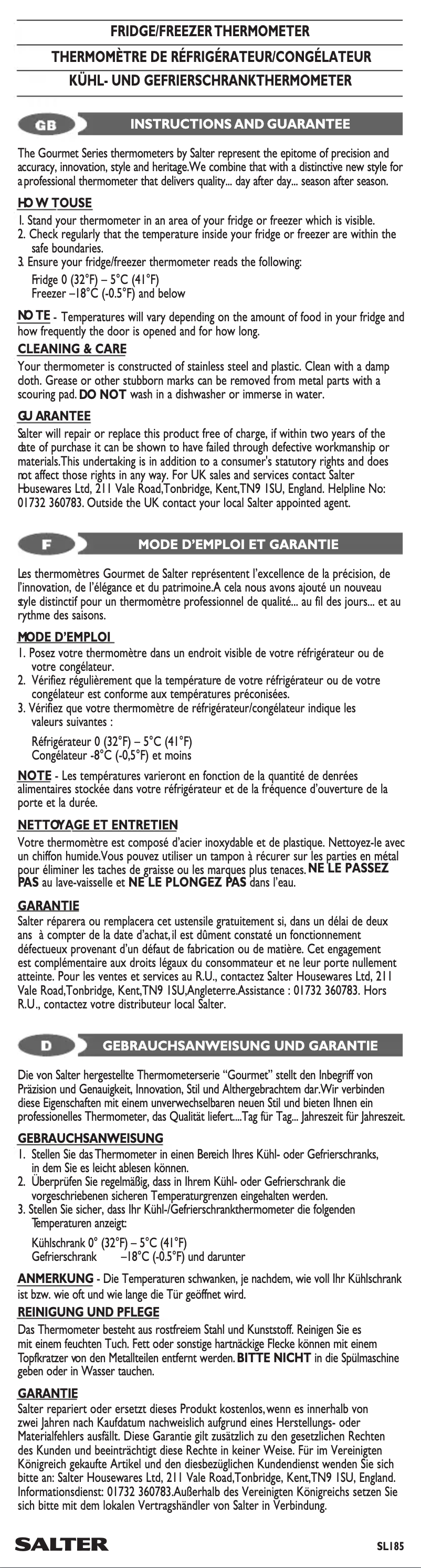 Page 1 de la notice Manuel utilisateur Salter SL185