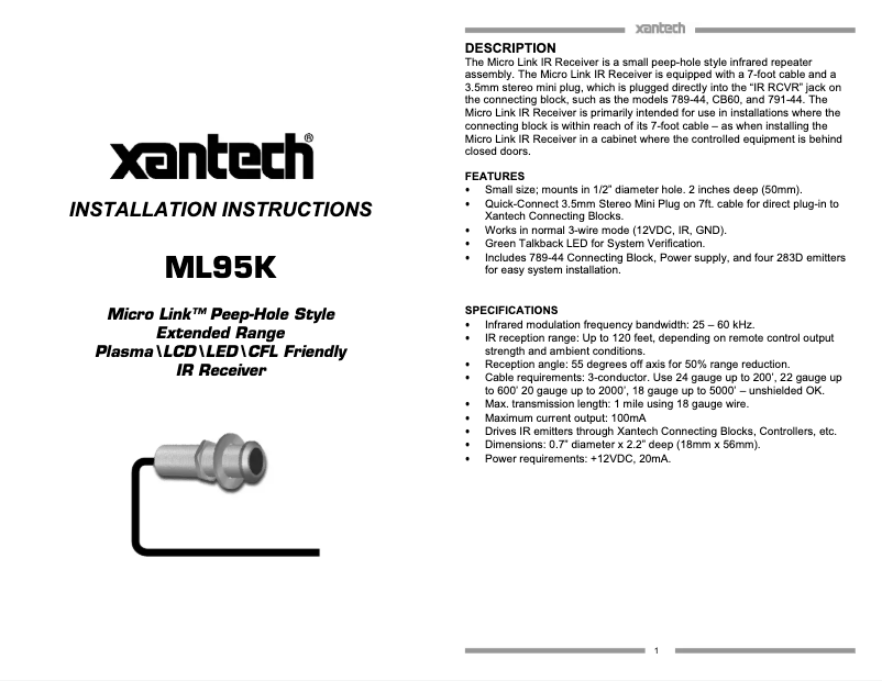 Página 1 del manual Manual de usuario Xantech ML95K