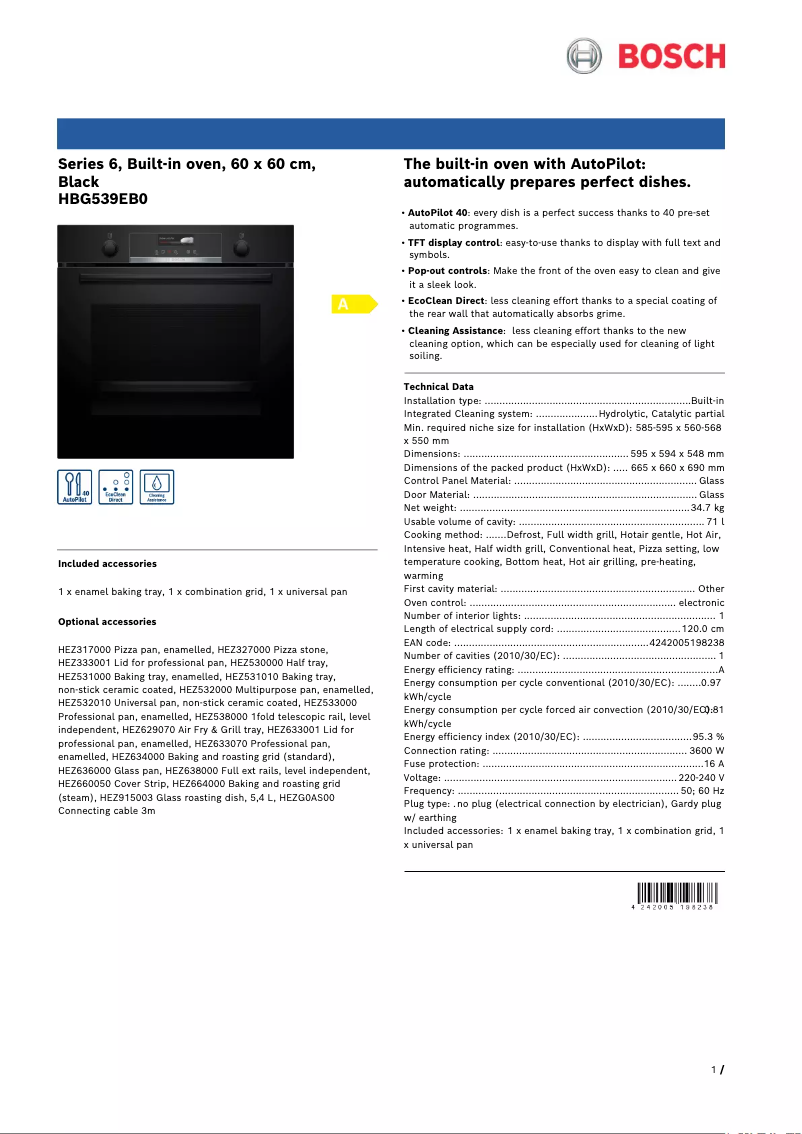 Page 1 de la notice Fiche technique Bosch HBG539EB0