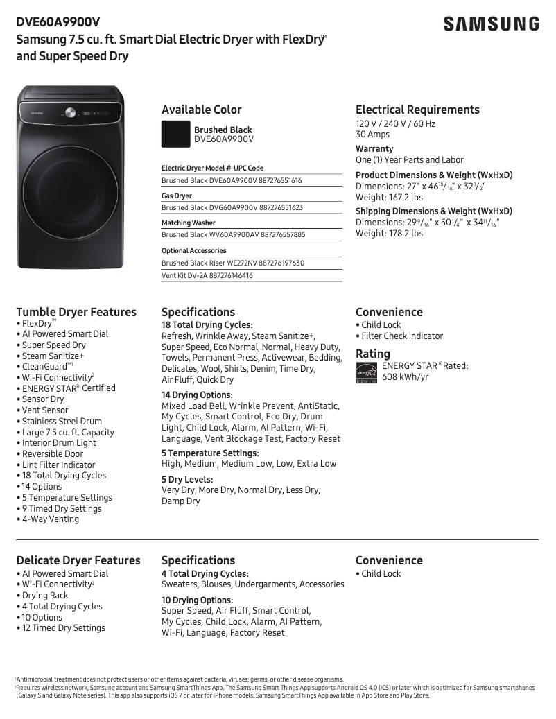 Página 1 del manual Ficha técnica Samsung DVE60A9900V