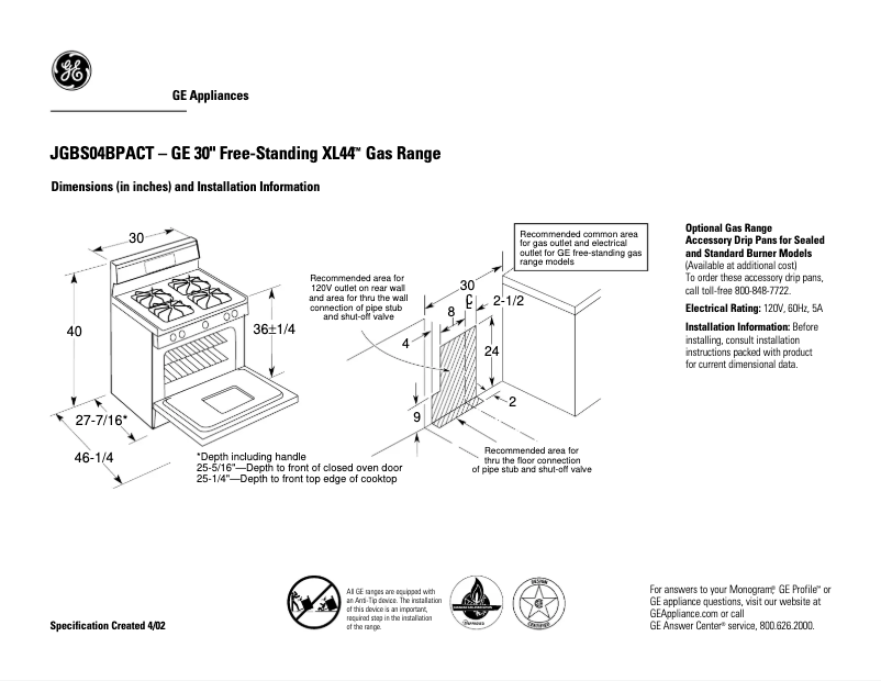 Página 1 del manual Ficha técnica GE JGBS04BPACT