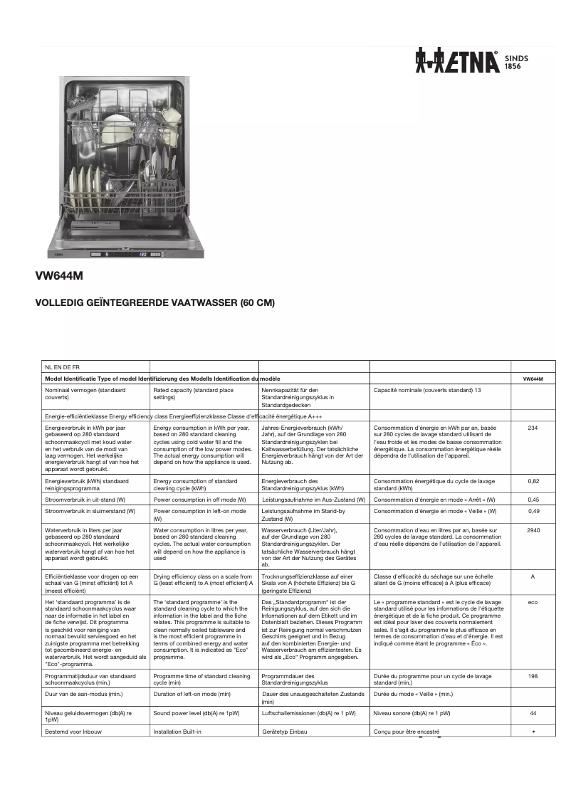 Page 1 de la notice Fiche technique Etna VW644M