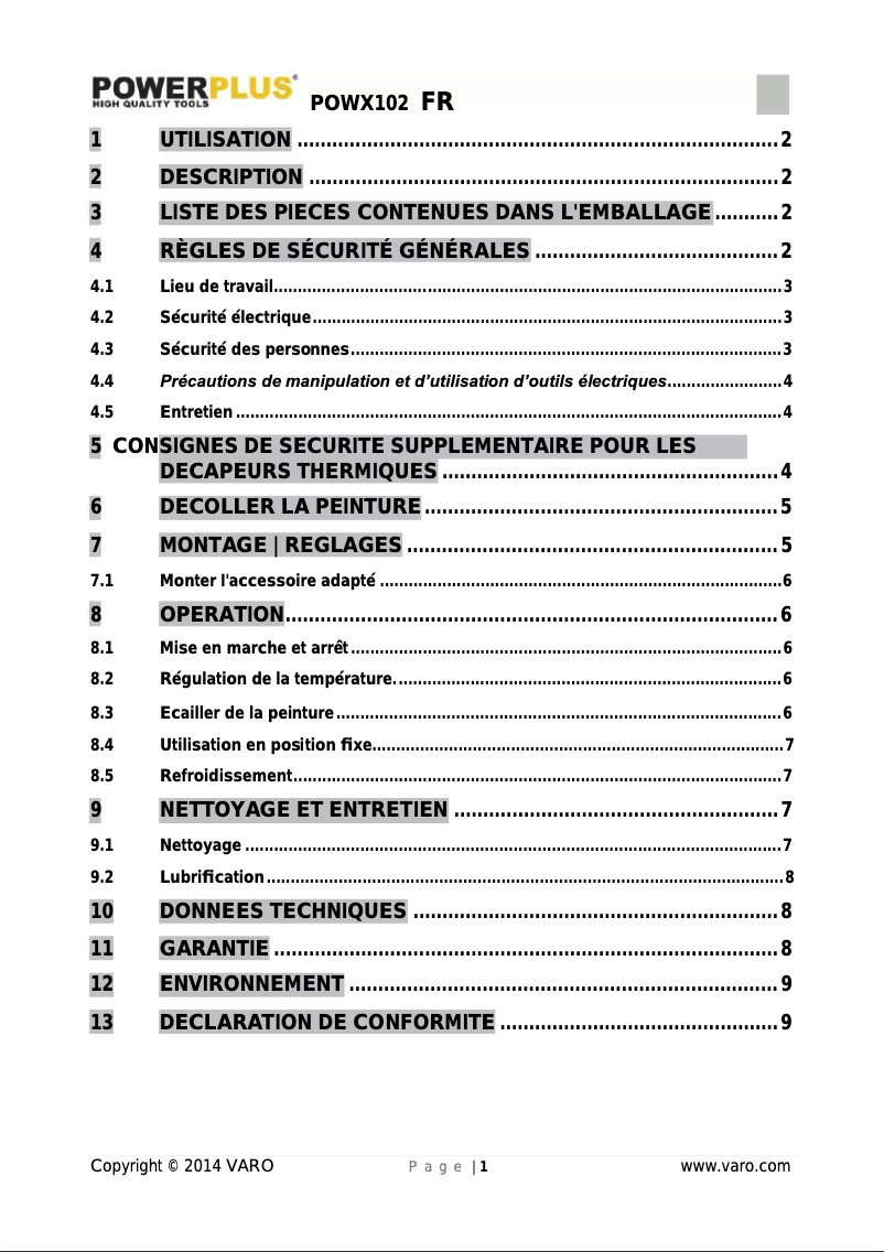 Page 1 de la notice Manuel utilisateur PowerPlus POWX102