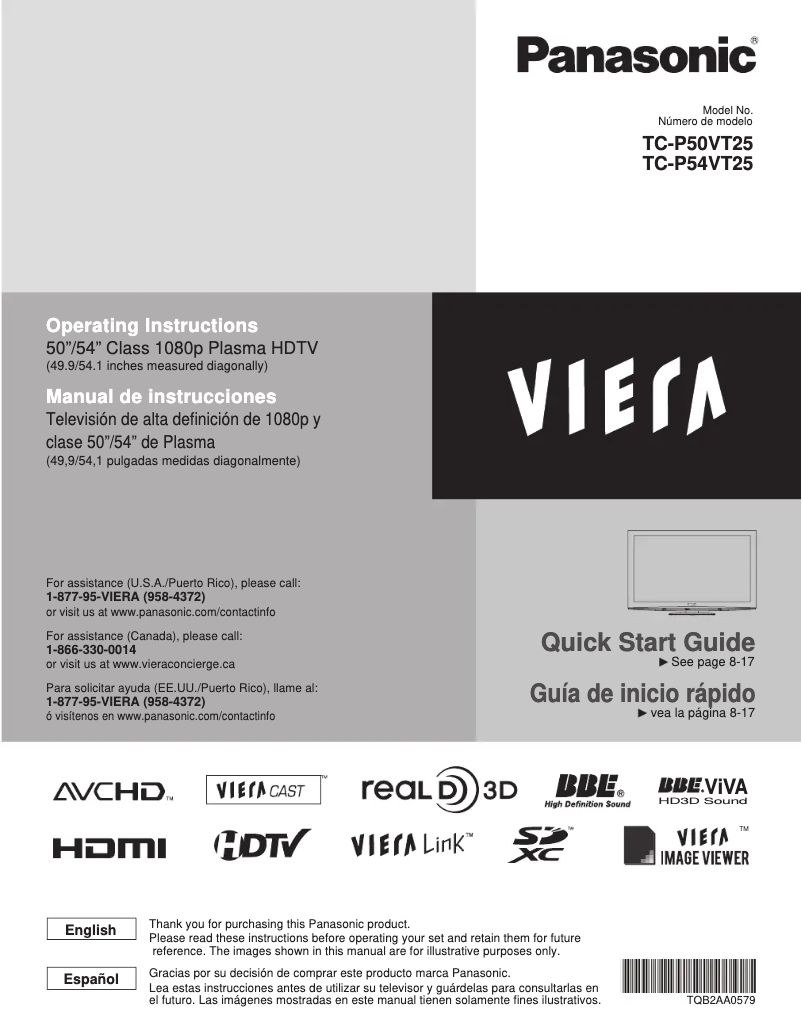 Page 1 de la notice Manuel utilisateur Panasonic Viera TC-P54VT25