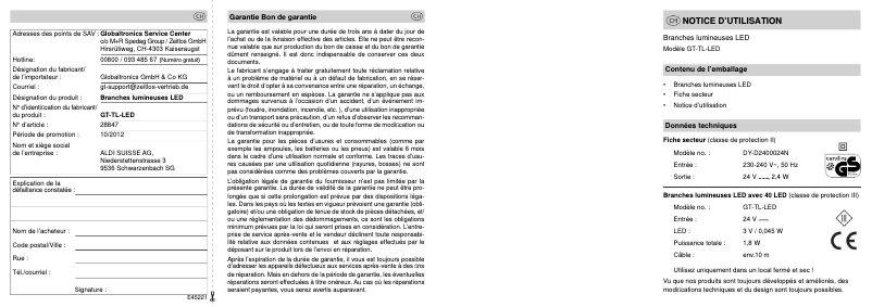 Page 1 de la notice Manuel utilisateur GlobalTronics GT-TL-LED