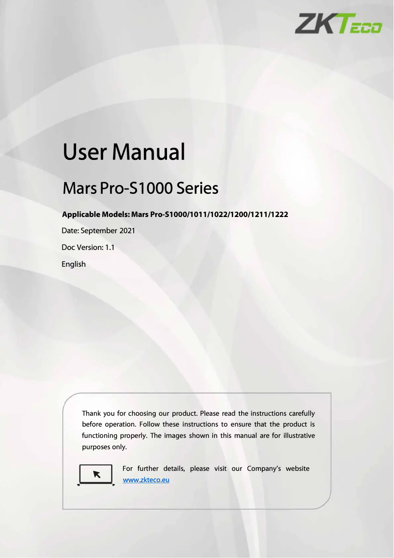 Page 1 of the manual User Manual ZKTeco Mars Pro-S1000
